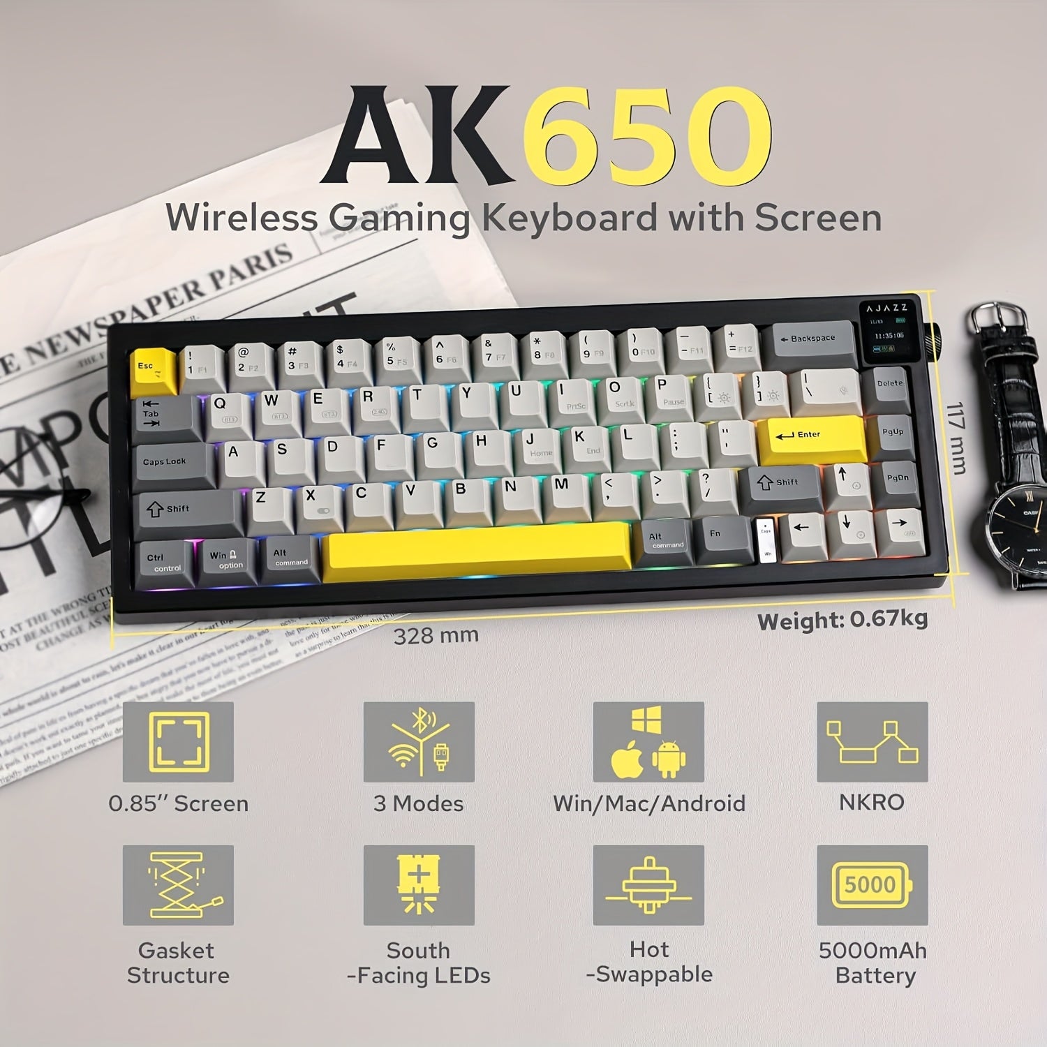 AJAZZ AK650 — Wireless 65 % Mechanical Keyboard with Screen & Knob [VARIATIONS-AVAILABLE]